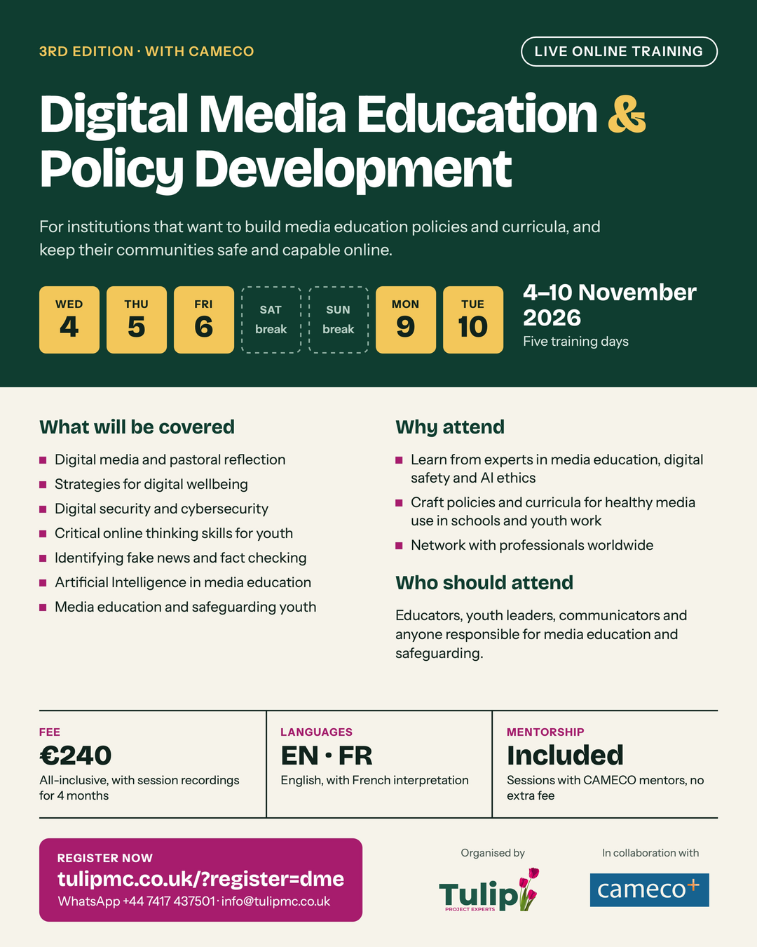 Formation Éducation aux médias numériques et élaboration de politiques, 4–10 novembre 2026, en ligne, en collaboration avec CAMECO